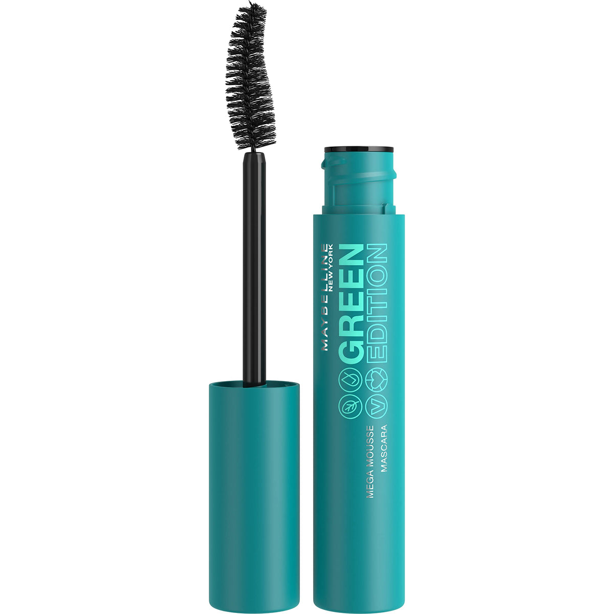 Maybelline Green Edition Mega Mousse mascara bottle with eco-friendly packaging for sustainable beauty.