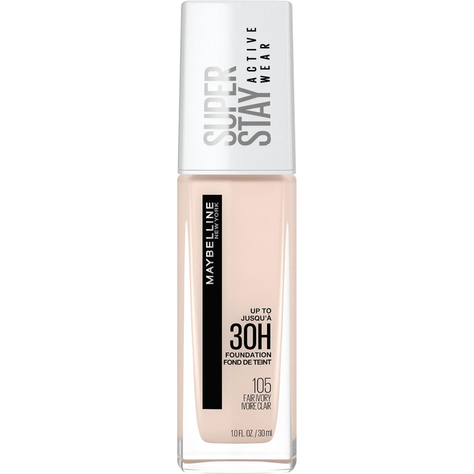 Maybelline Super Stay full-coverage foundation bottle closeup for long wear