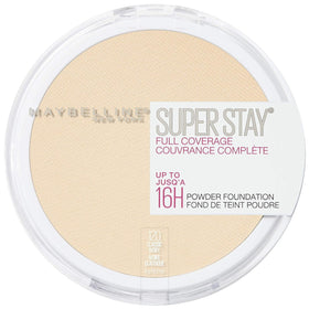 Maybelline Super Stay full-coverage powder foundation compact shows smooth matte finish for all-day wear