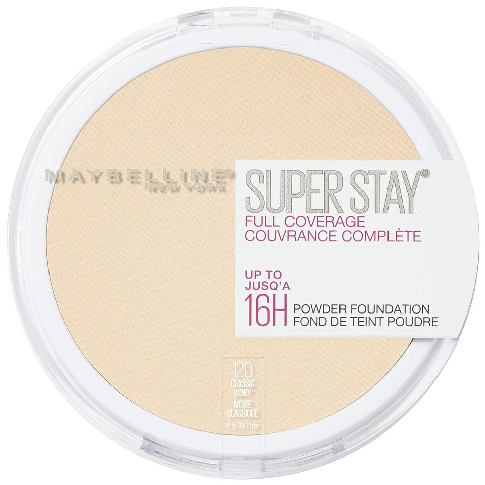 Maybelline Super Stay full-coverage powder foundation compact shows smooth matte finish for all-day wear