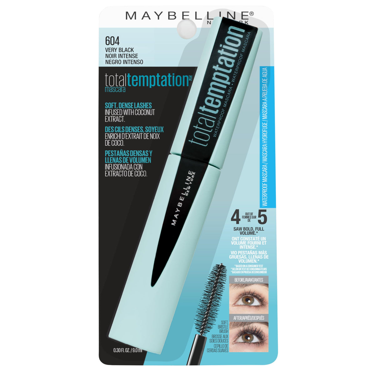 Packaging shot of Maybelline mascara highlighting coconut extract.