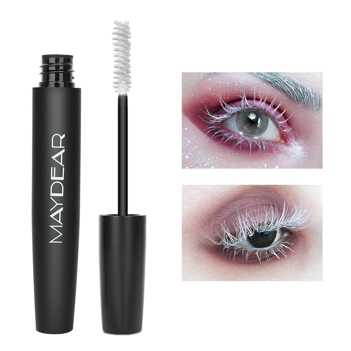 Maydear blue waterproof mascara adds vivid color and long-lasting wear for bold daytime looks.