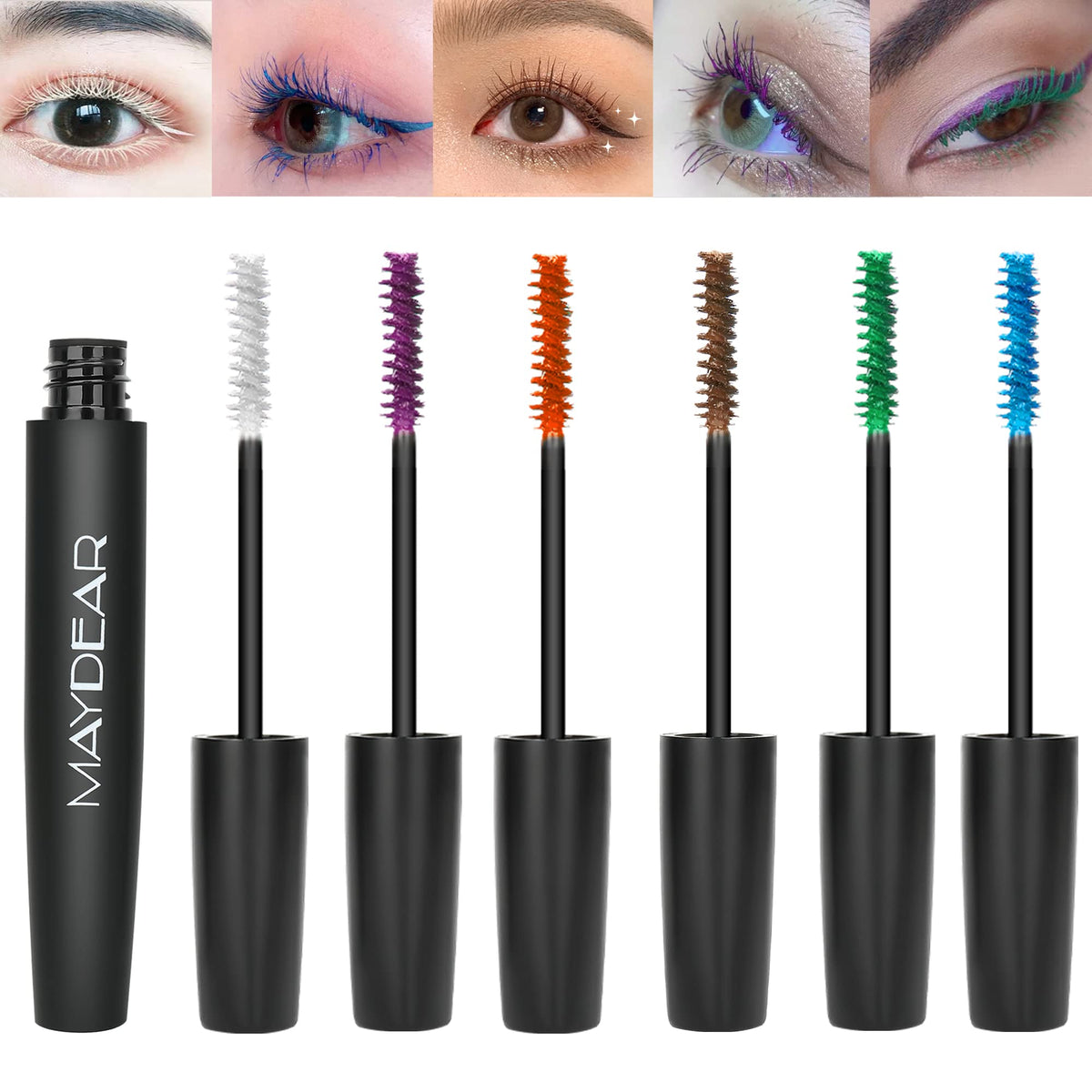 Maydear waterproof colored mascara in white enhances lash brightness and dramatic lash definition.