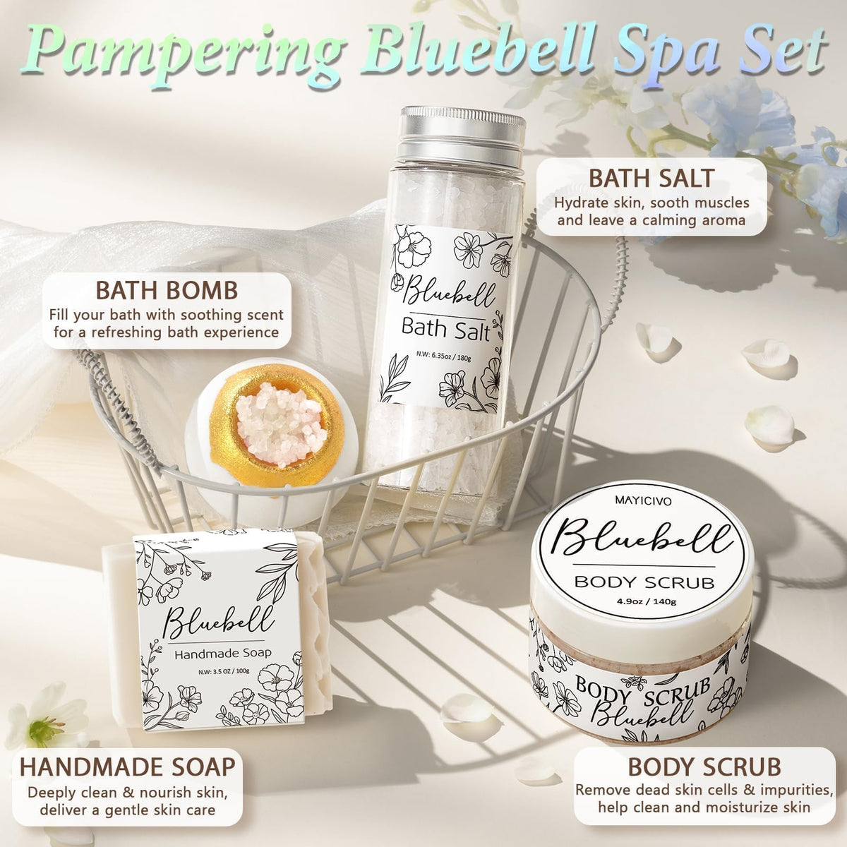 Mayicivo bluebell bath salt helps soften skin during a soak.