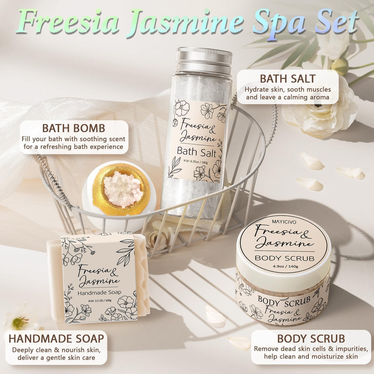 MAYICIVO bath salt delivers a relaxing, skin-softening soak.
