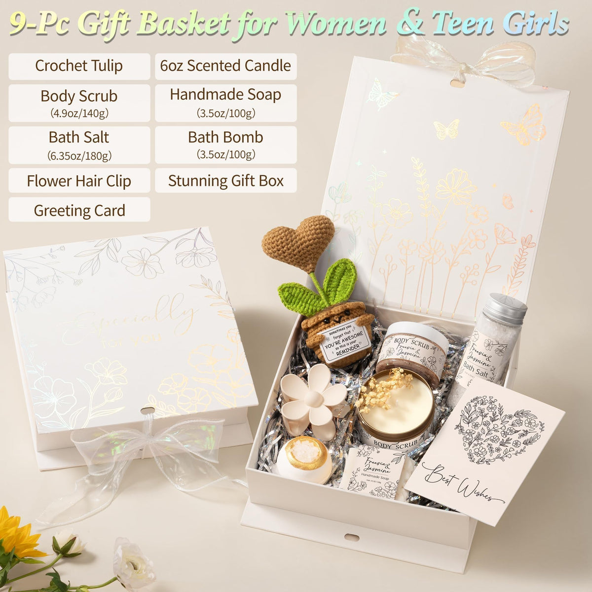 MAYICIVO spa gift set candle with dried flowers creates a calming ambience.