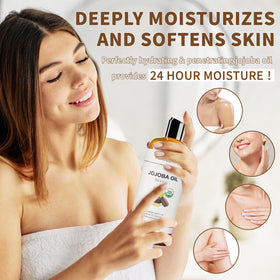 MAYJAM Jojoba Oil for hair treatment reduces frizz and adds shine.