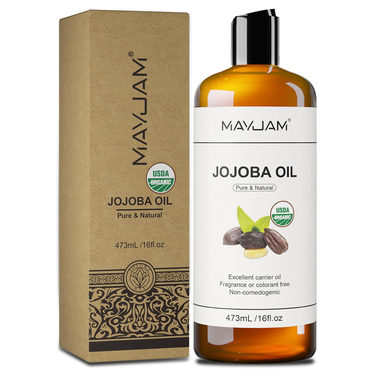 MAYJAM Jojoba Oil label closeup shows pure organic formula.