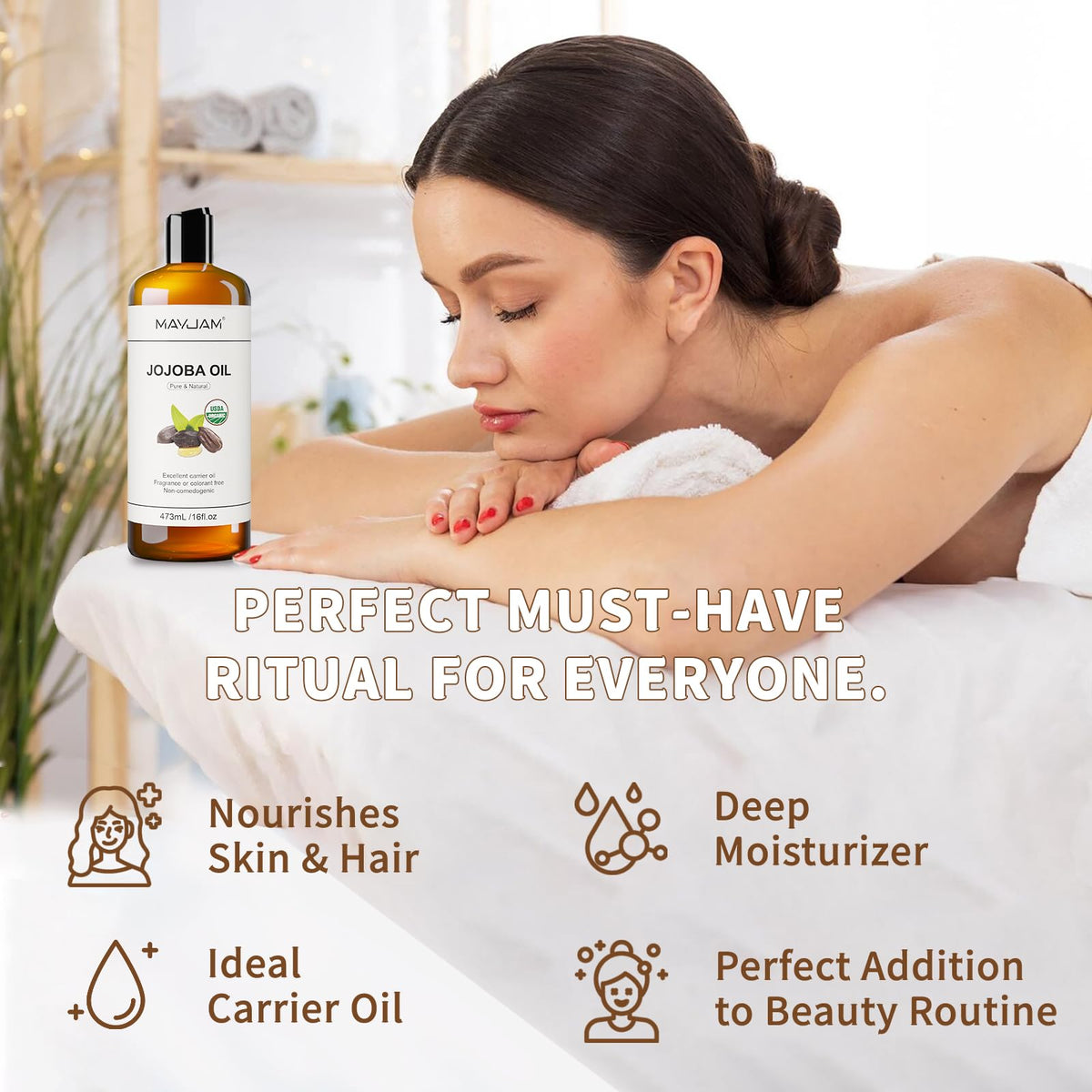 MAYJAM Jojoba Oil on skin illustrates fast absorption and softness.
