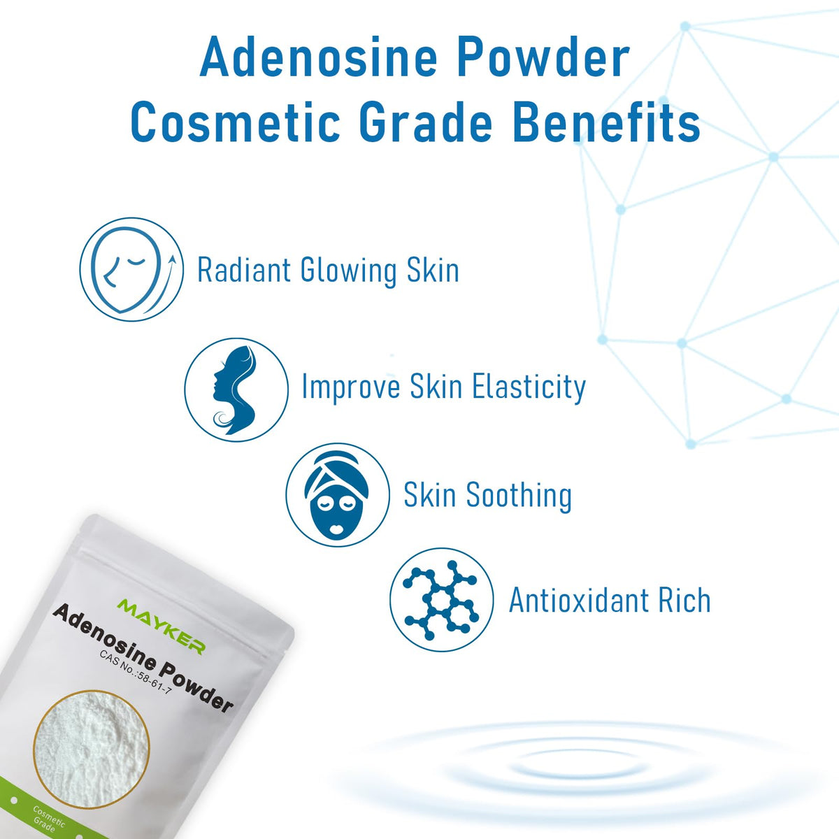 MAYKER Adenosine powder texture close-up, pure formula for precise formulations.
