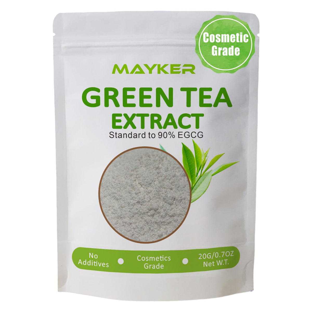 MAYKER Green Tea Extract Powder jar close-up, ideal for elevating DIY skincare textures.