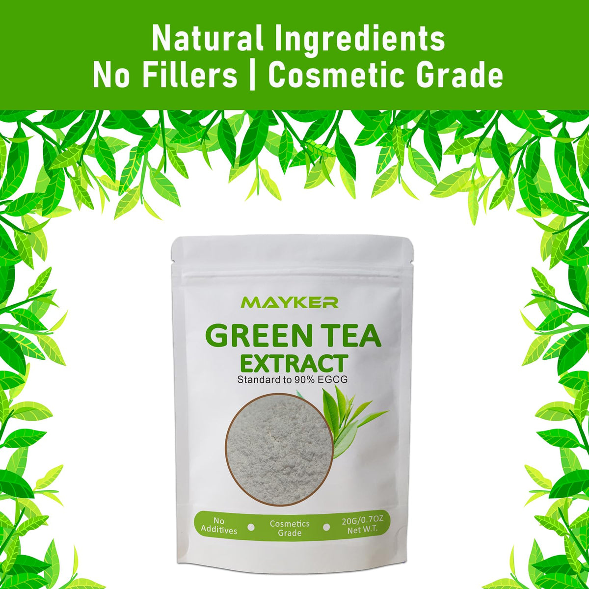 MAYKER Green Tea Extract Powder water-soluble, ready to mix with hyaluronic acid and actives.