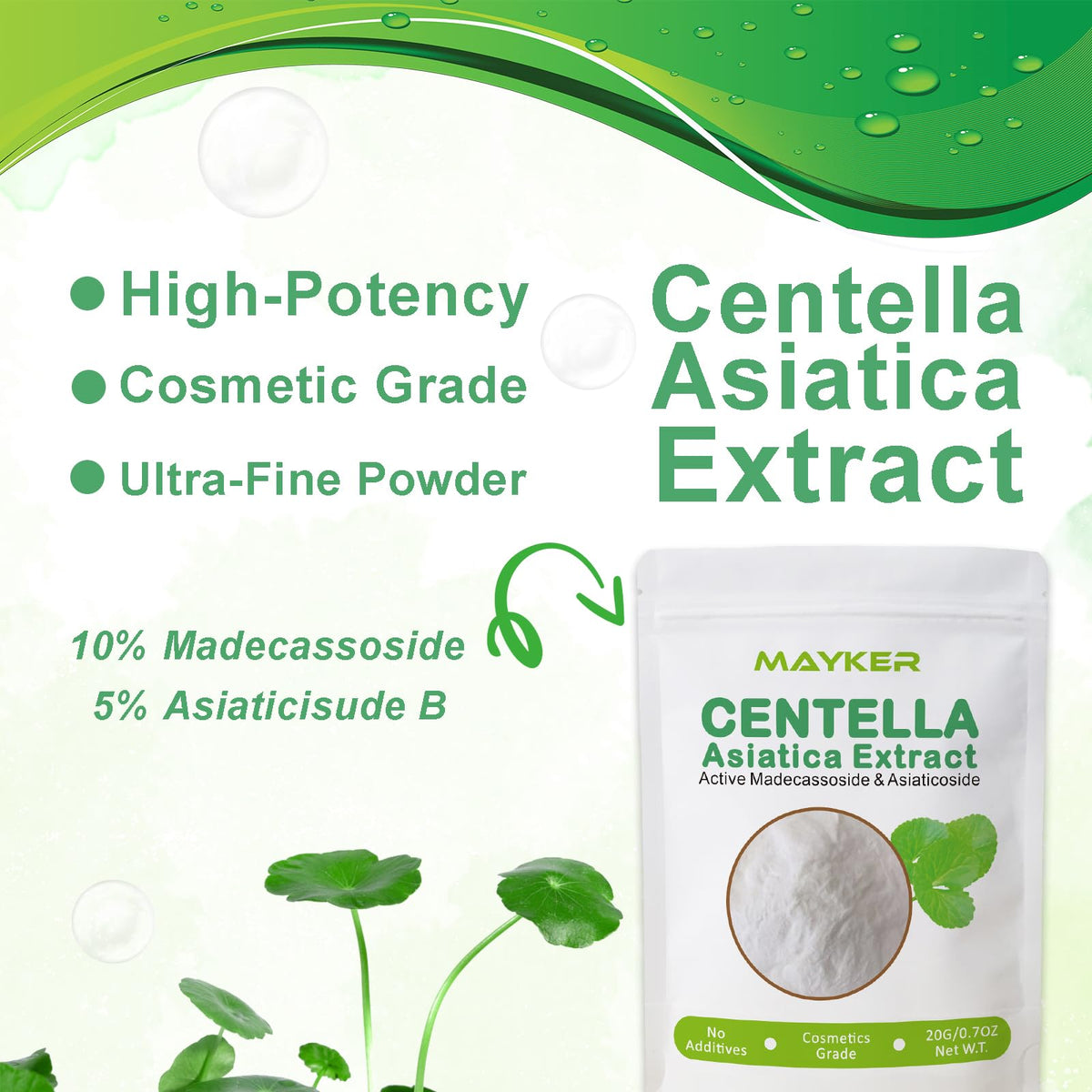 MAYKER Centella extract powder with measuring scoop enables precise DIY formulations.