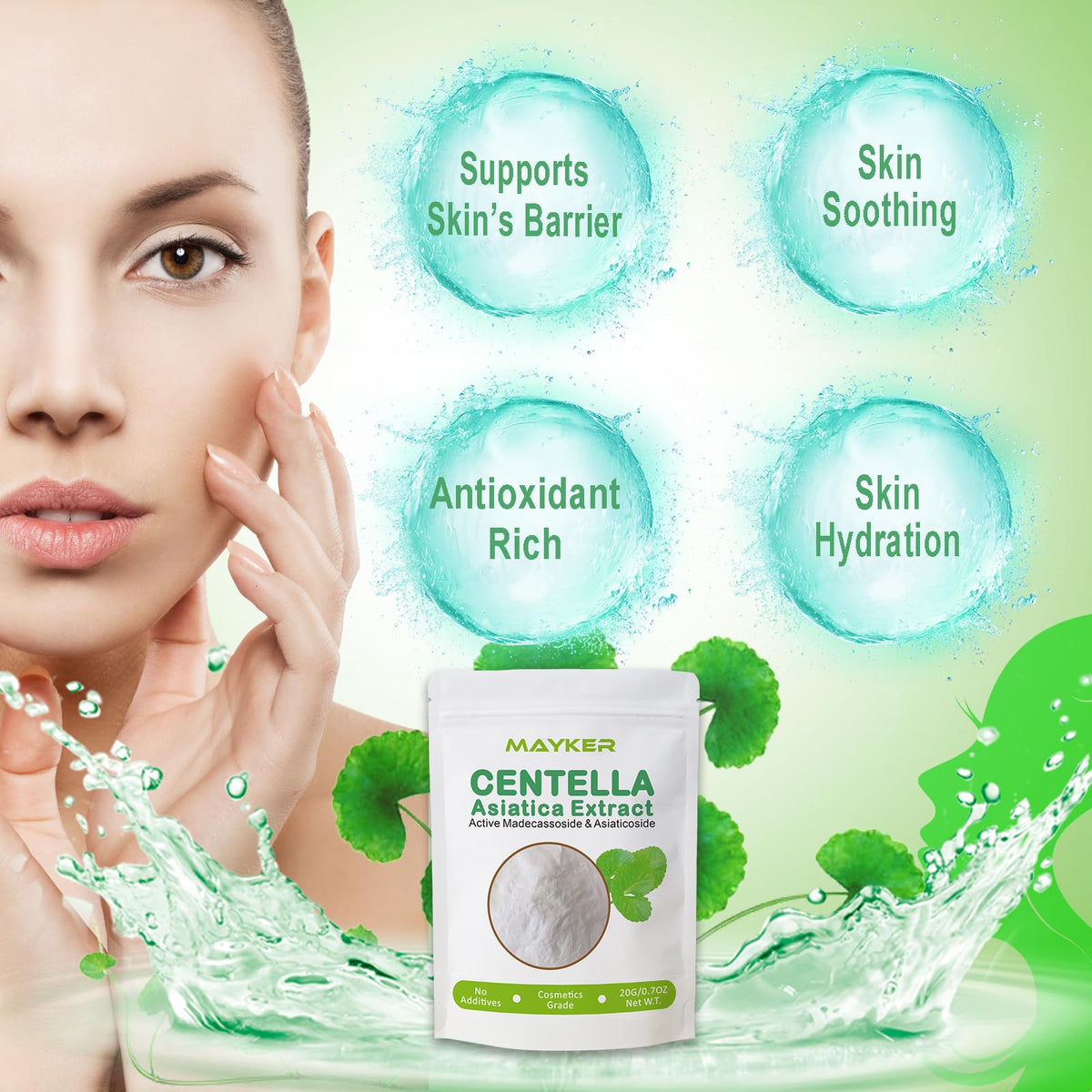 MAYKER Centella powder close-up shows fine texture for serums and masks.