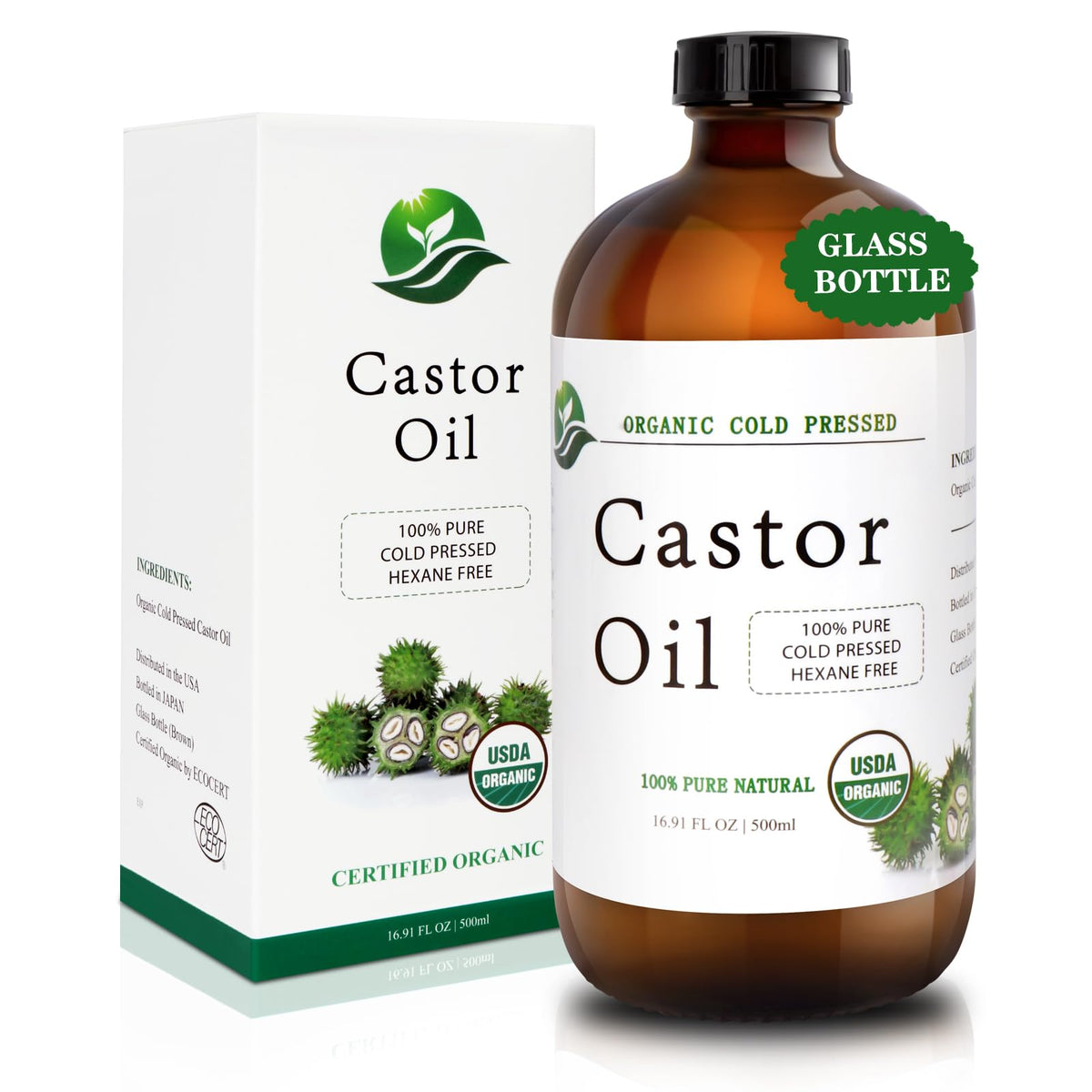MAYLINK Castor Oil bottle front view highlighting pure organic formula for lashes.