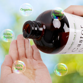 MAYLINK Castor Oil label detail showing hexane-free and unrefined quality.