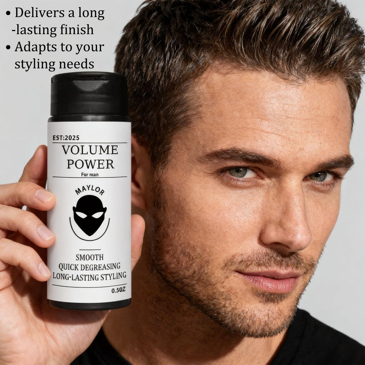 MAYLOR close-up of textured powder pigment for fuller hair.
