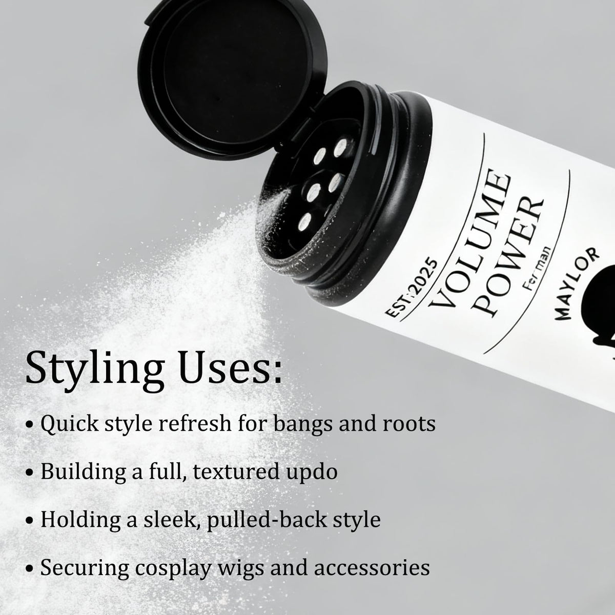 MAYLOR hands applying powder to roots for natural volume.