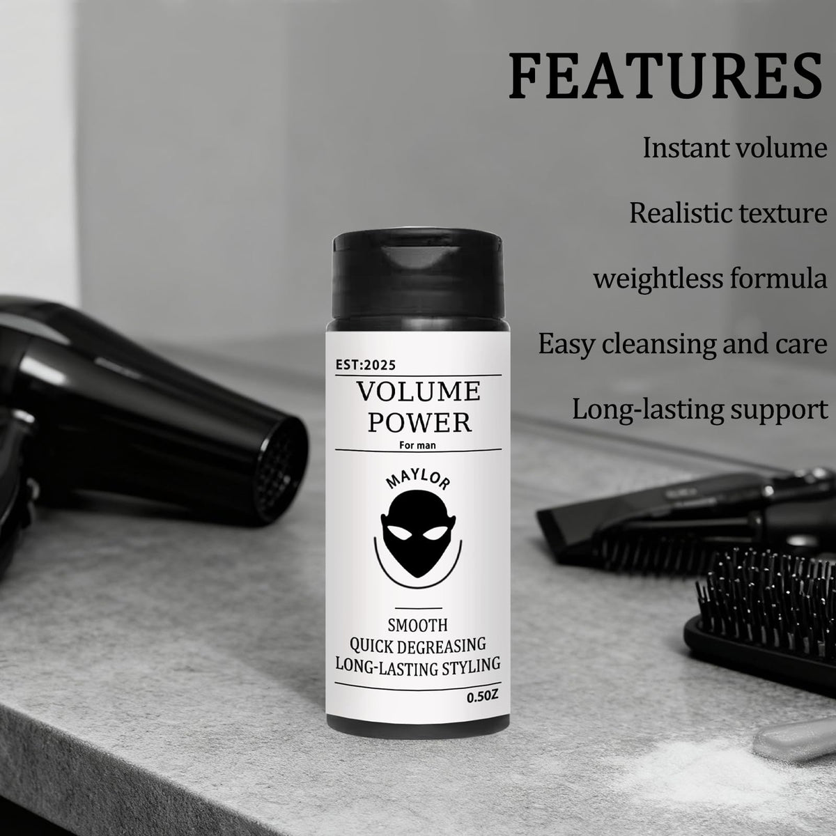 MAYLOR powder helps hair resist humidity for lasting hold.