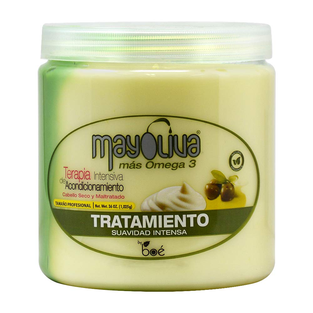 Mayoliva Omega 3 Treatment bottle close-up showing deep conditioning and shine.