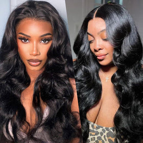 Mayouda Black V Part Wig showing the clip-in system for secure styling.