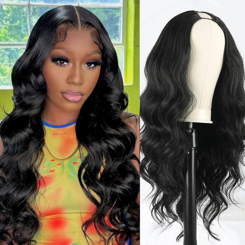 Mayouda Black V Part Wig with a breathable mesh cap for all-day comfort.