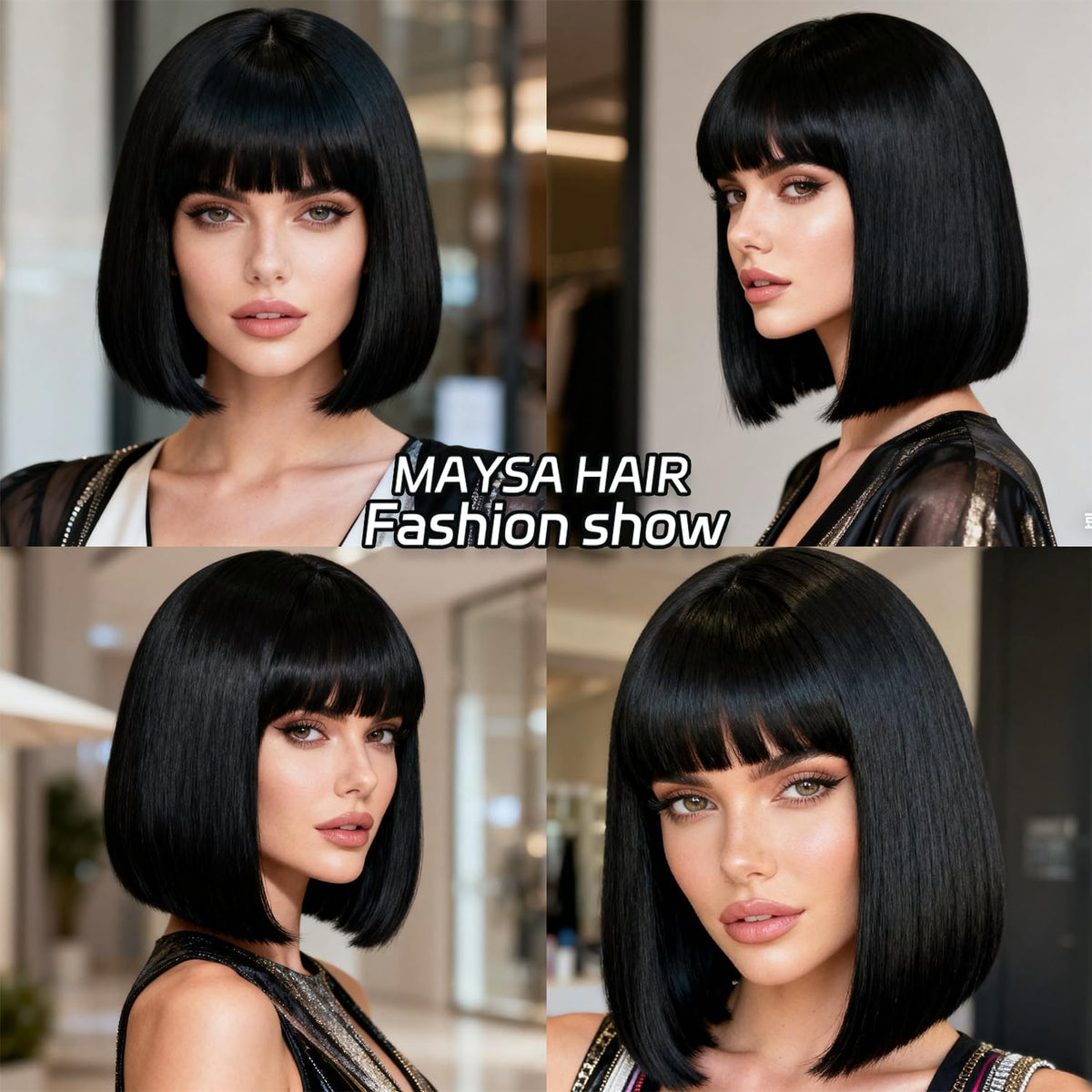 MAYSA Black Bob Wig with bangs styled for everyday wear.