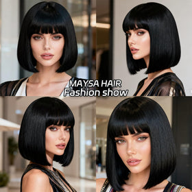MAYSA Black Bob Wig with bangs styled for everyday wear.