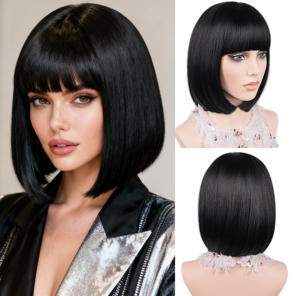 MAYSA Black Bob Wig with flat bangs for daily wear and easy styling.
