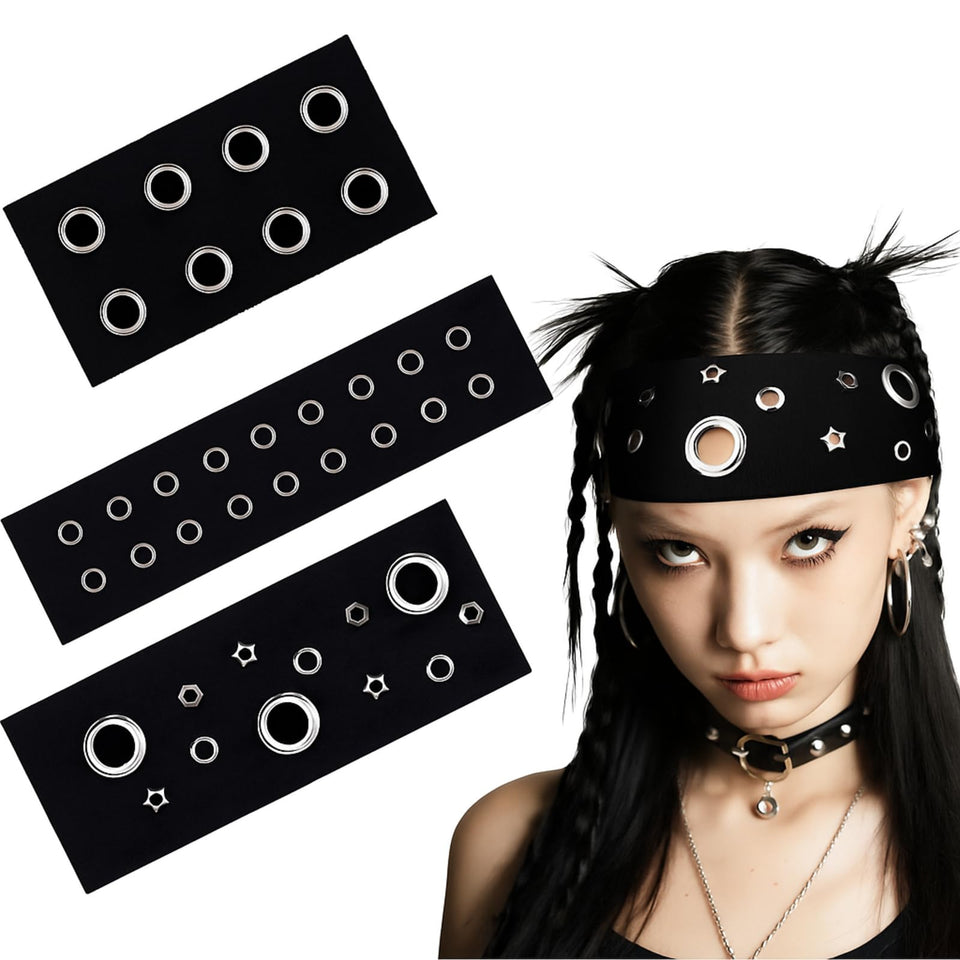 Maysing headband with hollow-out eyelets in black, front view showing edgy style