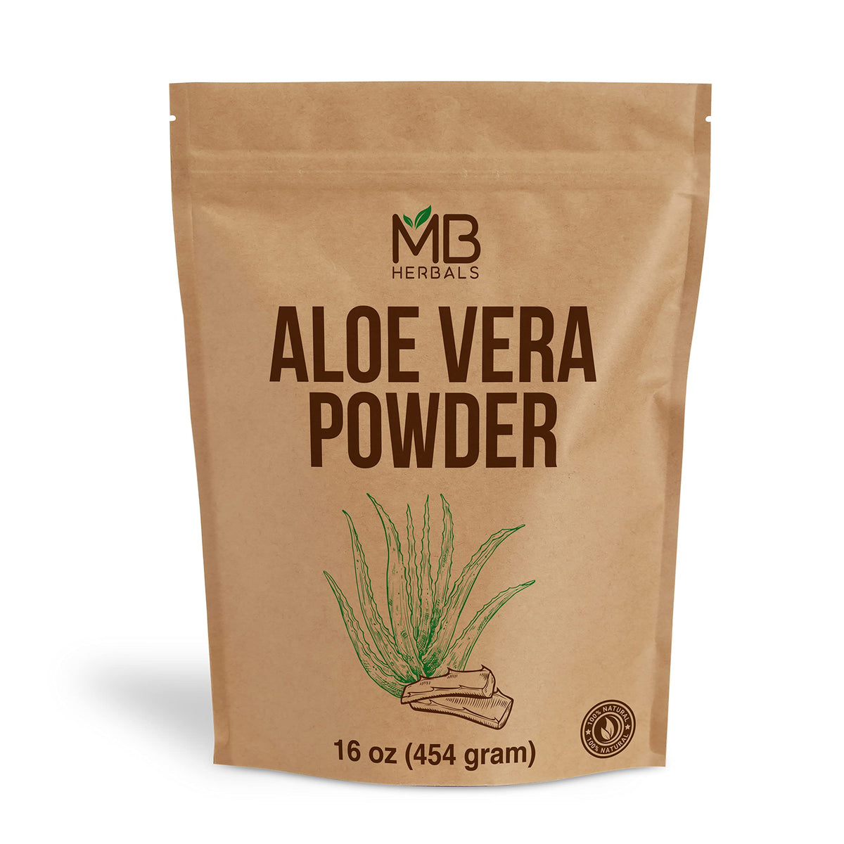 MB Herbals Aloe Vera Powder jar shows premium packaging and 1 lb convenience for DIY blends.