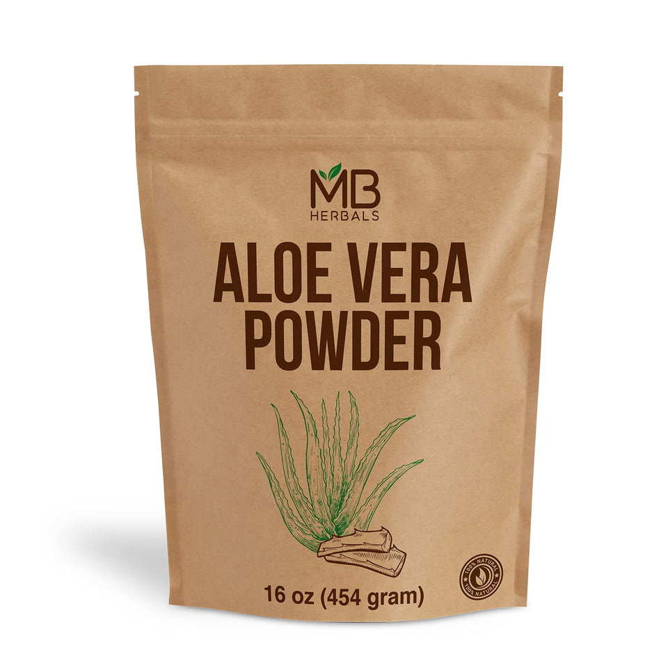 MB Herbals Aloe Vera Powder jar shows premium packaging and 1 lb convenience for DIY blends.