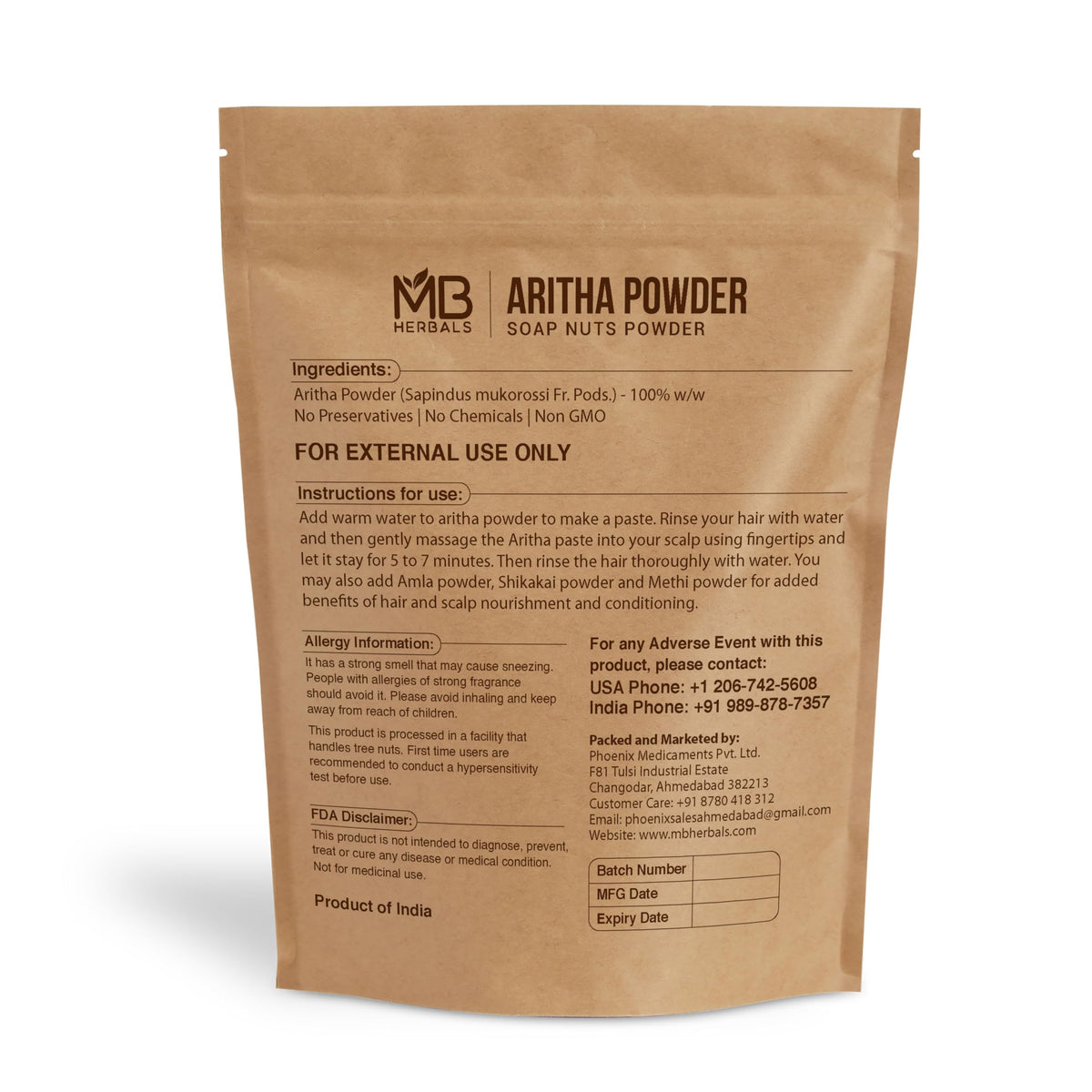 MB Herbals Aritha Powder on spoon, pure soapnut powder for DIY shampoos