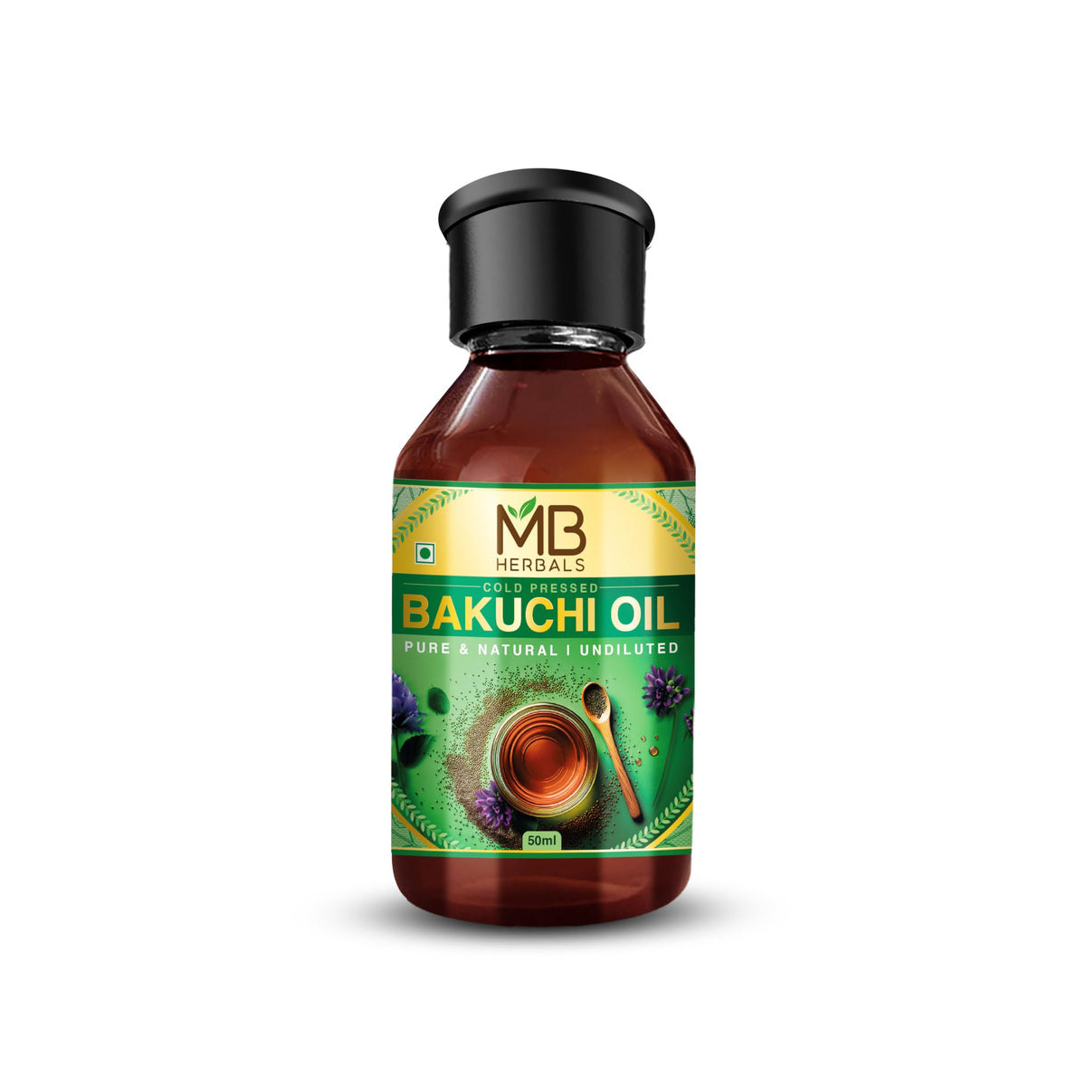MB Herbals Bakuchi oil in an amber bottle for external skincare routines.