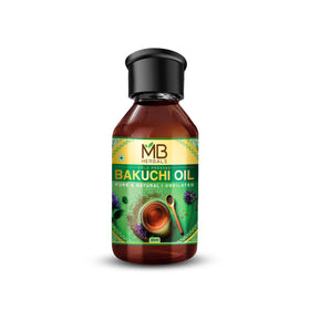 MB Herbals Bakuchi oil in an amber bottle for external skincare routines.