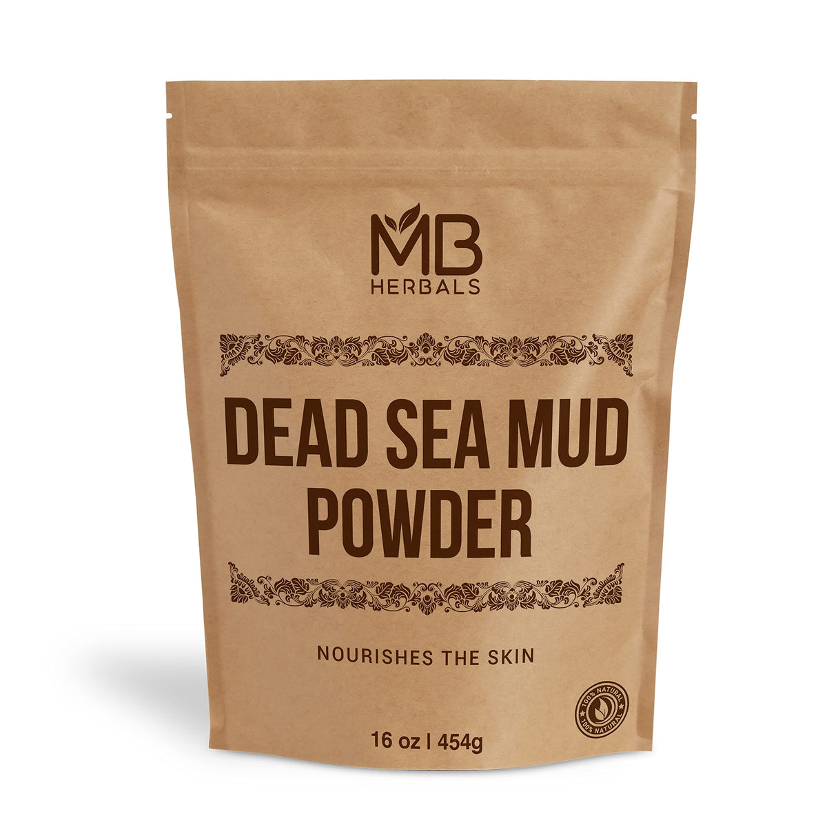 MB Herbals Dead Sea Mud powder in a jar for skincare and spa-like routines.