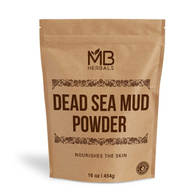 MB Herbals Dead Sea Mud powder in a jar for skincare and spa-like routines.
