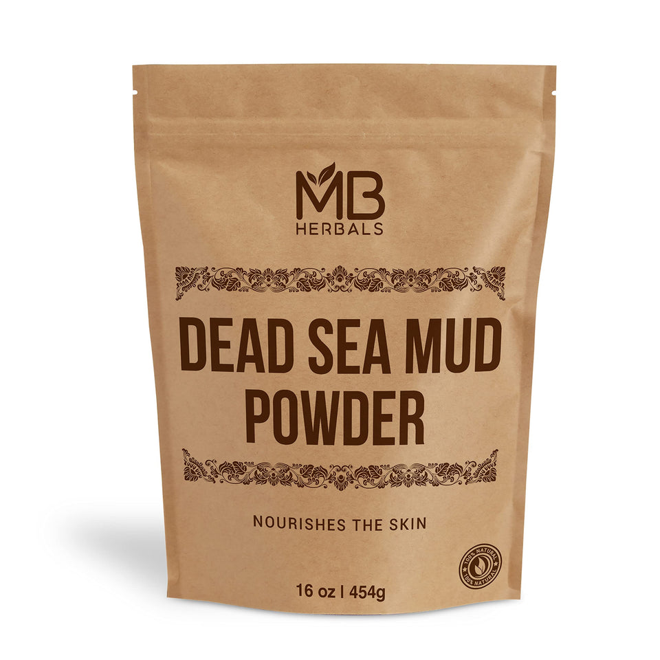 MB Herbals Dead Sea Mud powder in a jar for skincare and spa-like routines.