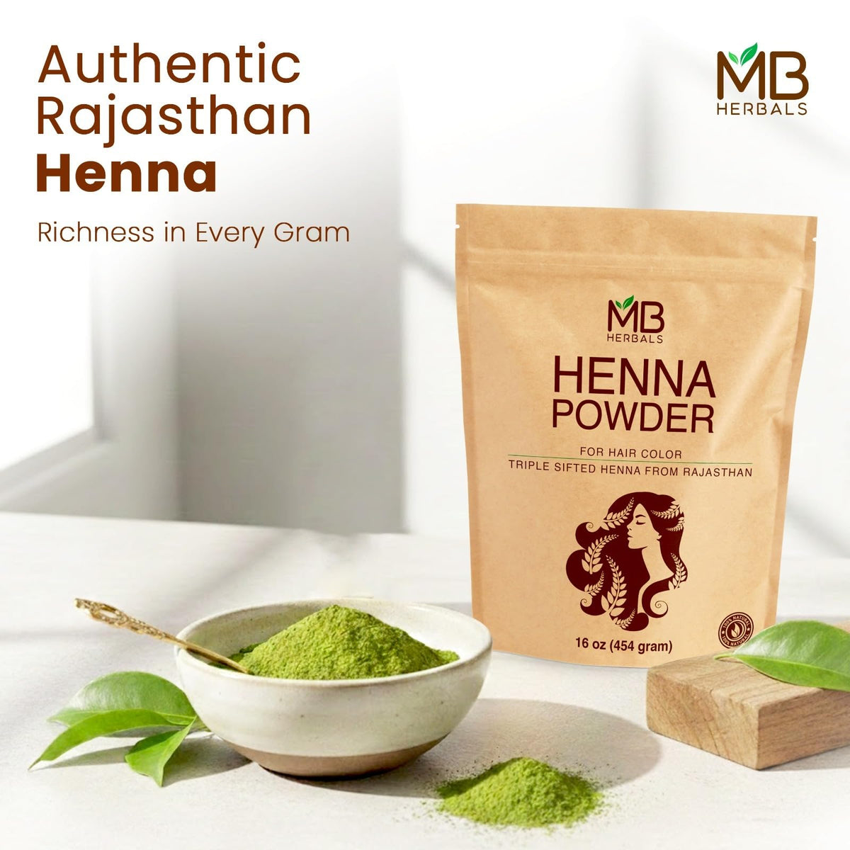 MB Herbals henna color yields dark orange to brown shades.