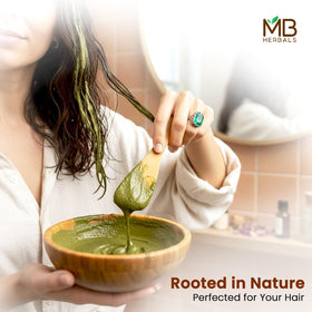MB Herbals Henna leaf powder sourced from Rajasthan for pure color.