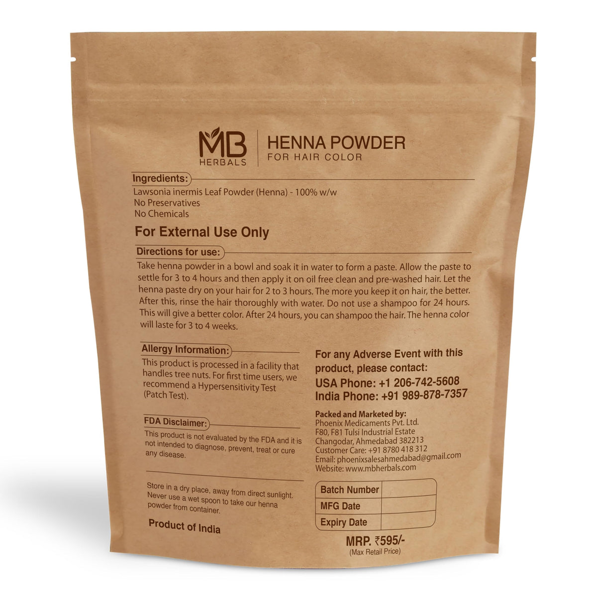MB Herbals triple-sifted henna powder for smooth, even color application.