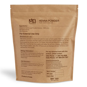 MB Herbals triple-sifted henna powder for smooth, even color application.
