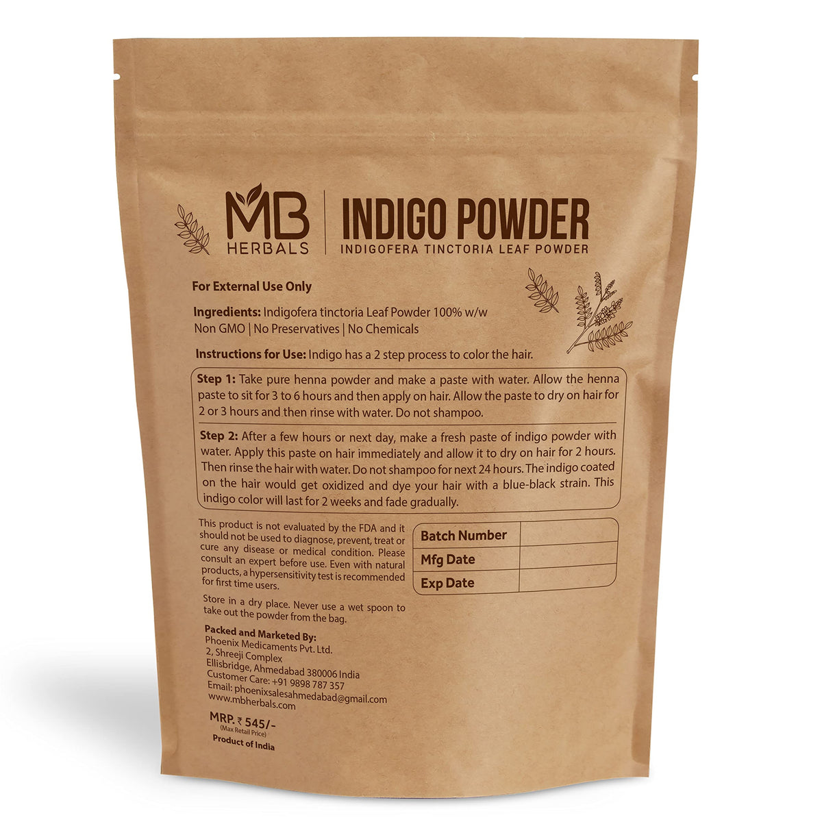 MB Herbals Indigo Powder during application shows blue-black shade potential
