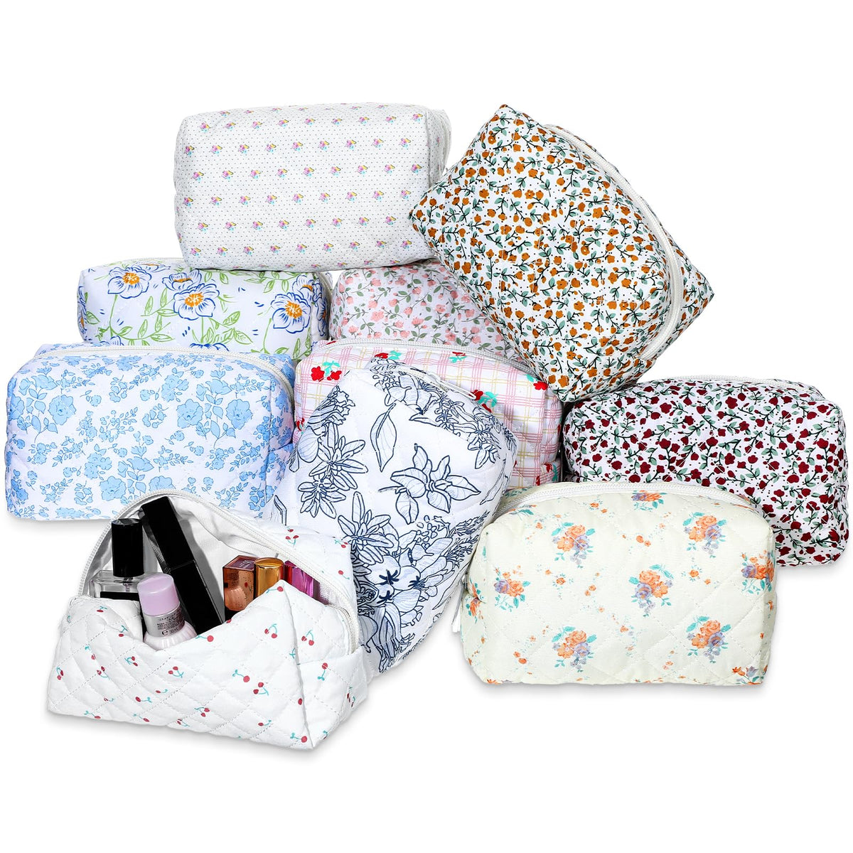 MBAIYO floral quilted makeup bag design with vibrant prints and plush interior for protection.