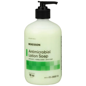McKesson antimicrobial lotion hand soap with aloe in a pump bottle for clean, hydrated hands.
