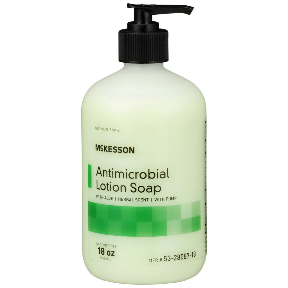 McKesson antimicrobial lotion hand soap with aloe in a pump bottle for clean, hydrated hands.
