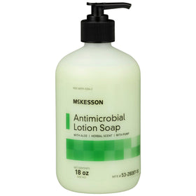 Close-up of McKesson antimicrobial soap label highlighting 0.95% strength and aloe.