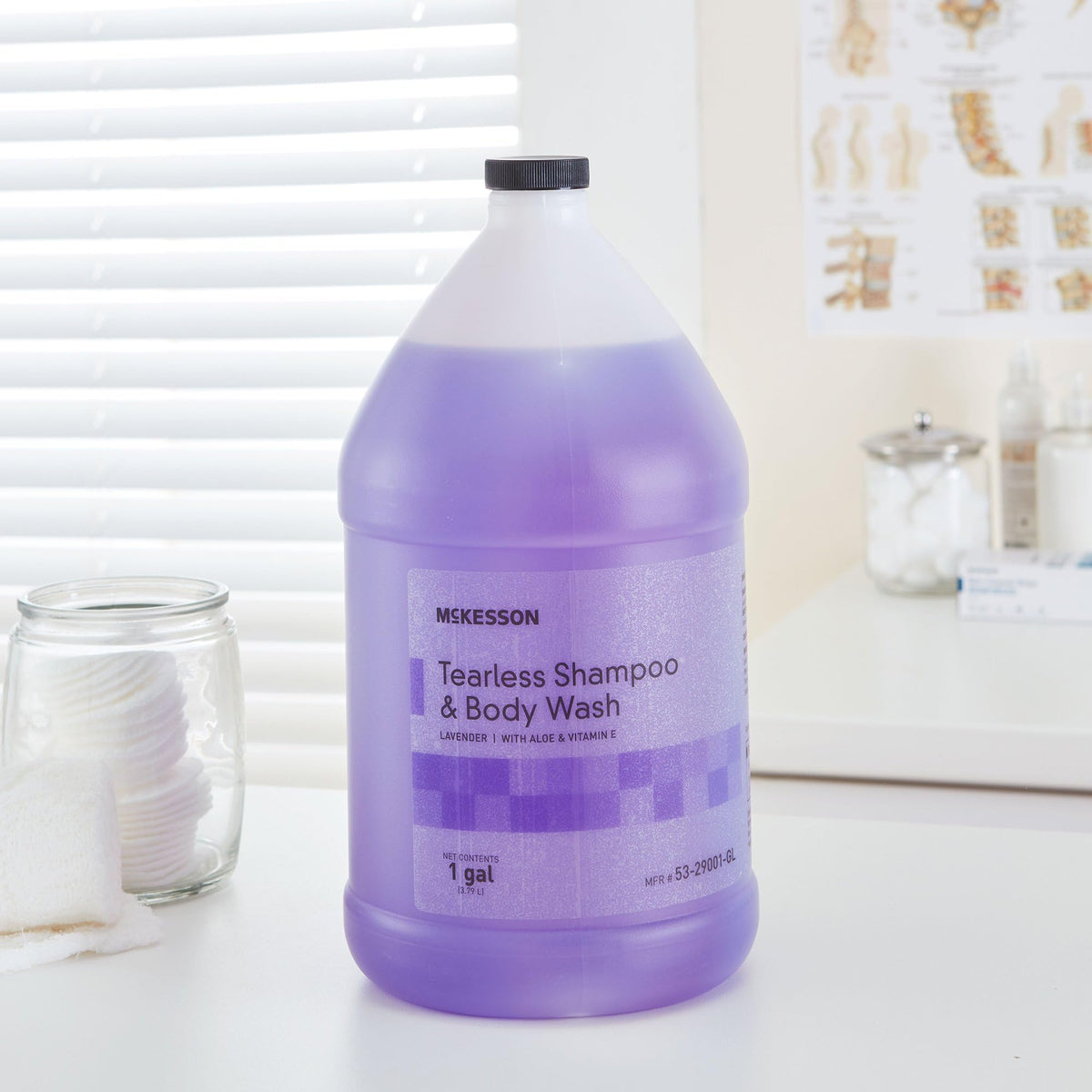 Aloe and Vitamin E graphic emphasizes moisture-friendly ingredients in McKesson wash.