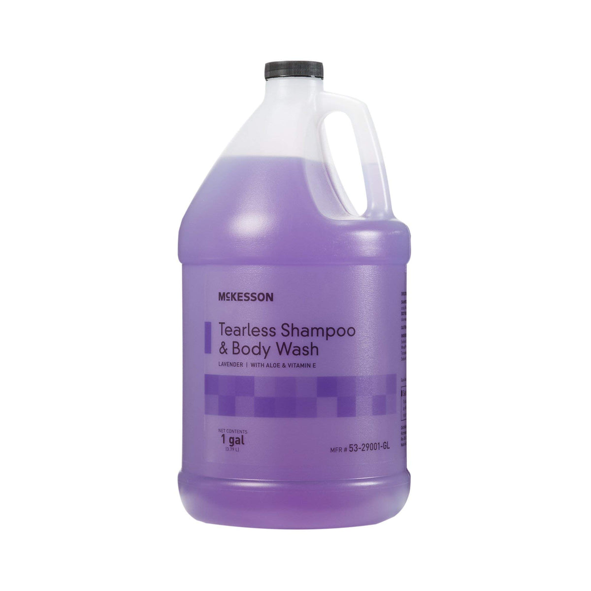 McKesson shampoo bottle label with Aloe & Vitamin E conveys lavender scent for daily care.