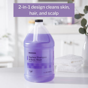 McKesson lavender bottle close-up highlights tearless formula for comfortable cleansing.